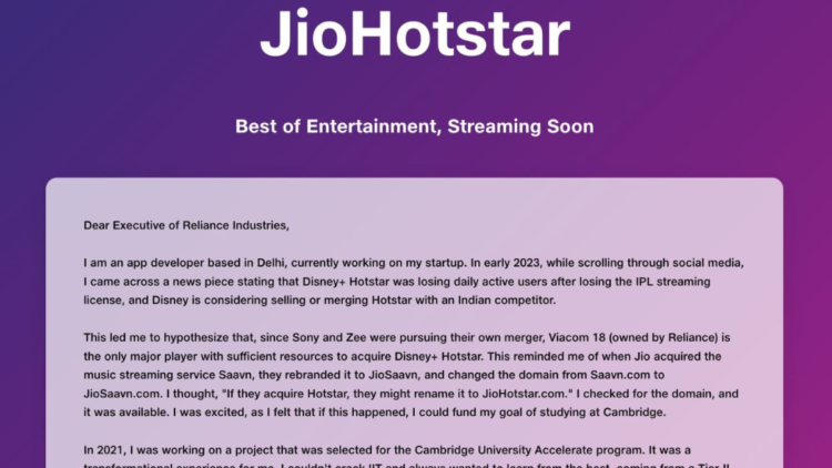 दिल्ली डेवलपर ने JioHotstar.com डोमेन खरीदा, रिलायंस डील के साथ कैम्ब्रिज ड्रीम को फंड करने की उम्मीद