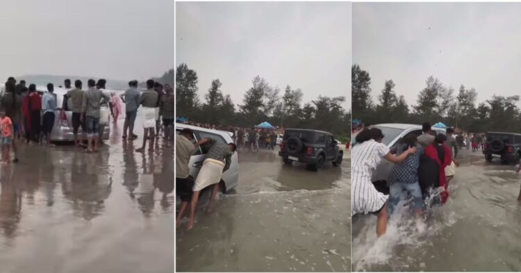 इनोवा समुद्र तट पर फंस गई: थार द्वारा बचाया गया