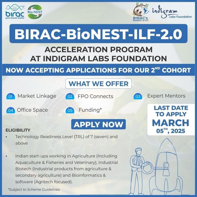 Indigram Labs Foundation एग्रीटेक स्टार्टअप्स का समर्थन करने के लिए Birac-Bionest-ILF 2.0 त्वरण कार्यक्रम के लिए आवेदन खोलता है