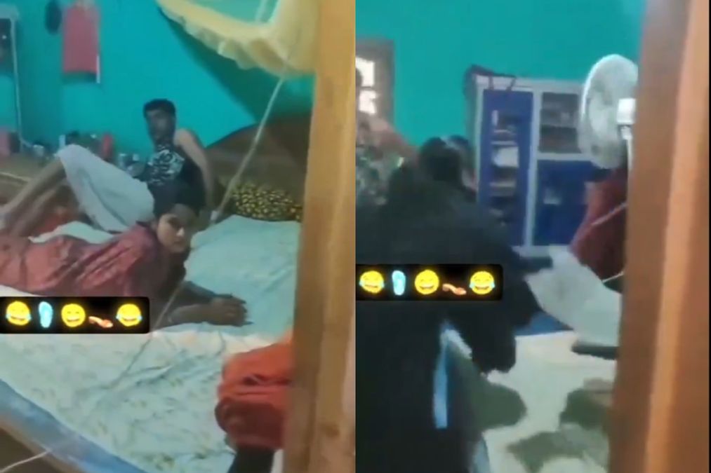 वायरल वीडियो: पत्नी एक कमरे में एक अन्य महिला के साथ पति को लाल-हाथ में पकड़ती है, उसे काले और नीले रंग की पिटाई करती है, घड़ी