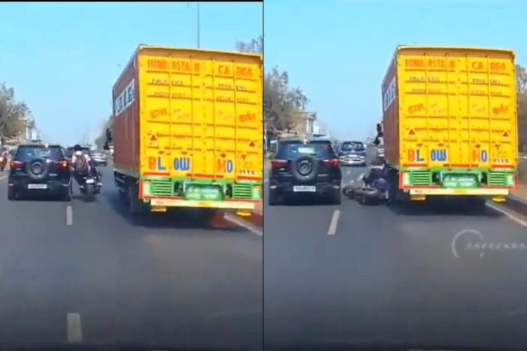 वायरल वीडियो: लापरवाह! एक बाइक पर तीन युवा ट्रक और एसयूवी के बीच से आगे निकलने की कोशिश करते हैं, पहिया के नीचे बहते हैं, जांचें कि क्या होता है
