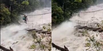 वायरल वीडियो: वास्तविक जीवन में खत्रो का खिलडी! आदमी अरुणाचल प्रदेश में रिवर रेज के रूप में लटका हुआ पुल पार करता है