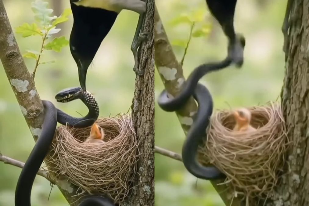 वायरल वीडियो: साहस का आश्चर्यजनक प्रदर्शन! बहादुर मदर बर्ड अपनी लड़की को बचाने के लिए बड़े साँप से लड़ता है