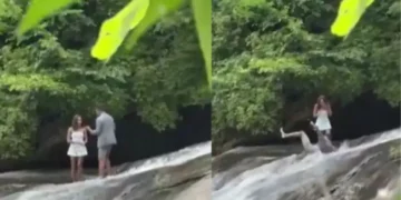 वायरल वीडियो: बॉयफ्रेंड ने झरने पर प्रेमिका को प्रस्तावित किया, धारा में बह गया, प्रेमिका मूक दर्शक